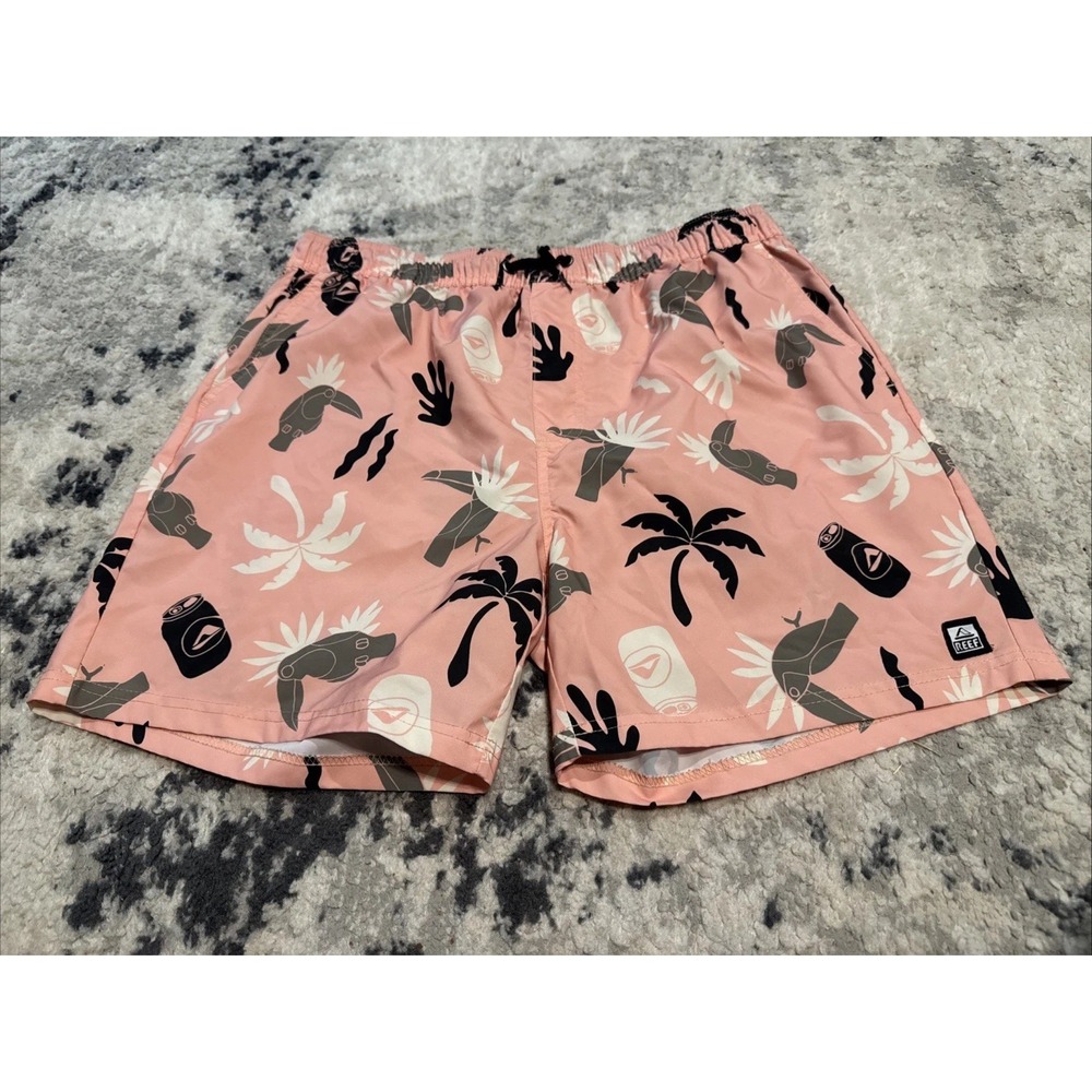 Reef Shorts Mens Size XL Pink Coral Toucan Tropical Bird Print Surf Swim Trunks